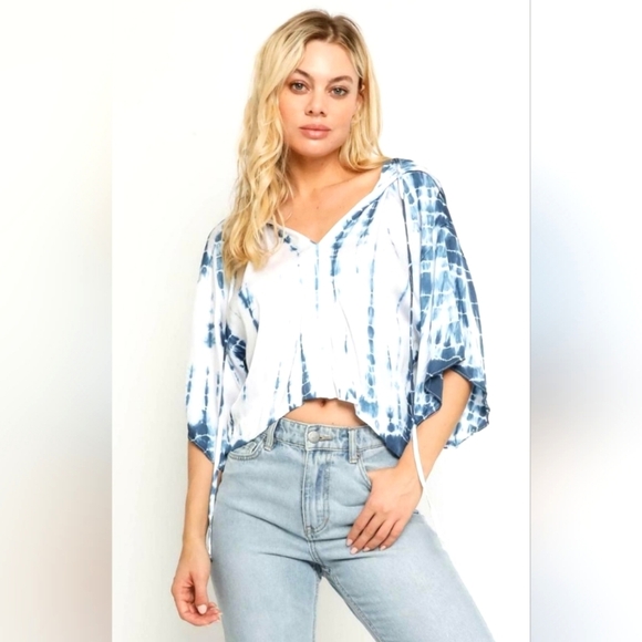 Vici Baja Blue Tie Dye Oversized Crop Top Cropped Hoodie Boho Beach Size Small - Picture 1 of 12